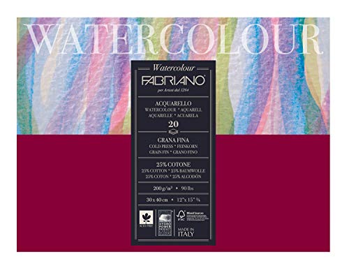 Fabriano Honsell 72613040 - Watercolour Aquarellkarton, 200 g/m², 30 x 40 cm, 20 Blatt, Block 4 fach geleimt, naturweiß, Feinkorn, säurefrei, samtartige Oberfläche von Fabriano