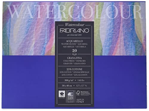 Honsell 73613040 - Fabriano Watercolour Aquarellkarton, 300 g/m², 30 x 40 cm, 20 Blatt, Block 4 fach geleimt, naturweiß, Feinkorn, säurefrei, samtartige Oberfläche von Fabriano