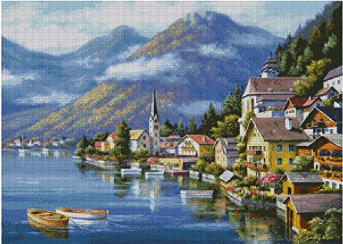 Lakeside Village Kreuzstich-Set, 14 Karat, ägyptischer Baumwollfaden, 300 x 214 Stiche, 64 x 49 cm von Max Stitch