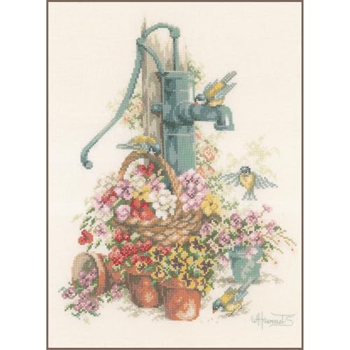 Lanarte Kreuzstich Stickpackungen Gezählter Kreuzstichbilder Set BLUMEN/WASSERPUMPE Wanddekoration Handarbeit Set für Erwachsene 29 x 39 cm DIY Deko Bastelset Handwerker Kreative Geschenkset von Lanarte