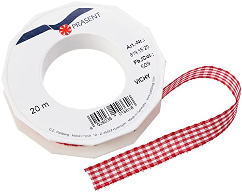 Präsent Vichy Geschenkband rot/weiß, 20 m Dekoband zum Verzieren & Basteln, 15 mm Breite, Kariertes Band für Bunte Dekos & Geschenkverpackungen, zu feierlichen Anlässen von PRÄSENT