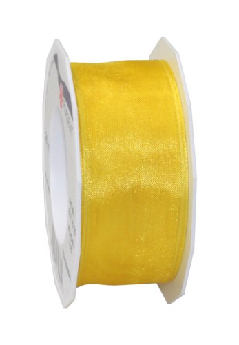 Präsent Four Seasons transparentes Band mit Drahtkante gelb, 25 m einfarbiges Stoffband, 40 mm Breite, leicht biegsames Schleifenband zum Dekorieren & Basteln, für besondere Anlässe von PRÄSENT