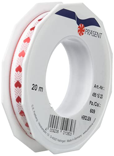 Präsent Herzilein Dekorationsband weiß/rot, 20 m Elegantes Geschenkband zum Verzieren & Basteln, 15 mm Breite, Schleifenband für Hochzeit, Taufe & andere besondere Anlässe von PRÄSENT