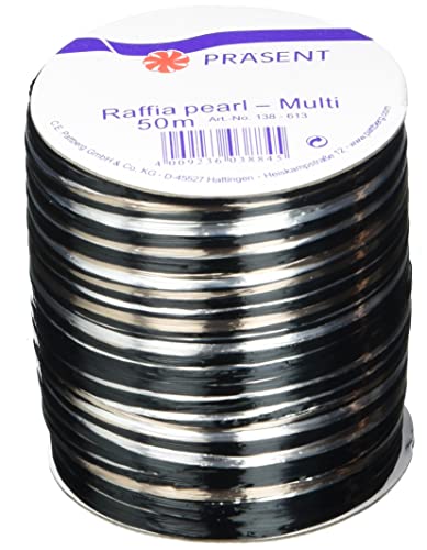 PRÄSENT RAFFIA PEARL-Multicolour Bastband schwarz / grau / silber, 50 m metallic Dekoband für Präsente, zum Verzieren & Basteln, Geschenkband für feierliche Anlässe von PRÄSENT