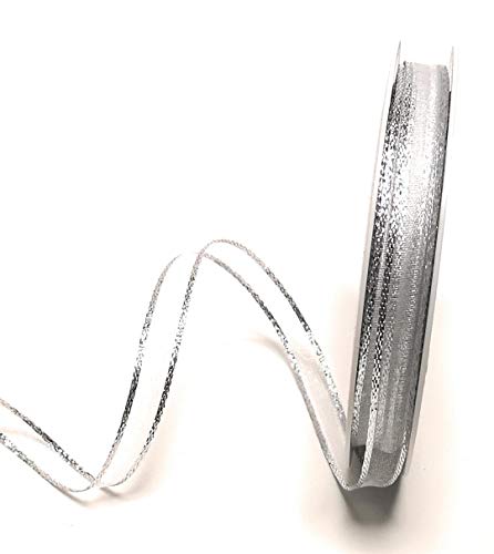 Schleifenband Organza 50m x 10mm Weiß - Silber Dekoband Geschenkband von Unbekannt