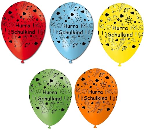 BWS - Verkauf durch luftballonwelt Luftballons Hurra! Schulkind ! gelb hellblau orange rot hellgrün, ca. 30 cm, 10 St. von BWS - Verkauf durch luftballonwelt