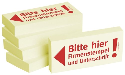 Bedruckte Haftnotizen - Text: Bitte hier Firmenstempel und Unterschrift Ausführung Bitte hier Firmenstempel und Unterschrift Größe (B x H) 75 x 35 mm Inhalt 5 x 100 Blatt von Unbranded