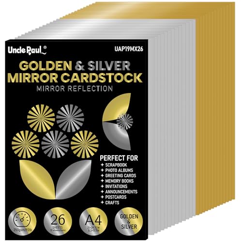 A4 Goldener & Silberner Spiegelkarton – 26 Blatt (13 Gold + 13 Silber), 250 g/m², metallisch reflektierendes Papier für Bastel- und Dekorationszwecke UAP19MX26 von Uncle Paul