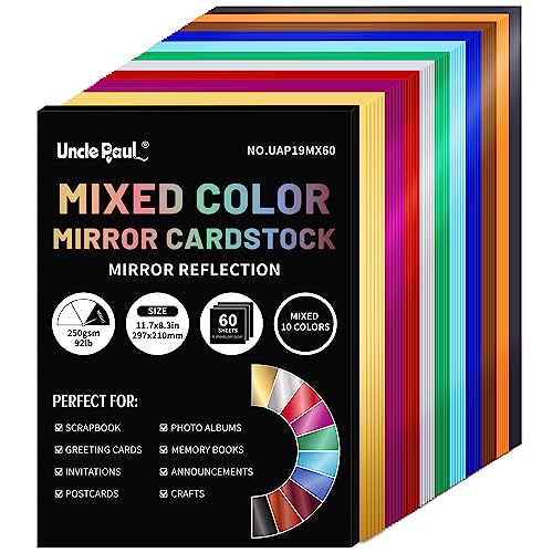 A4 Mixed Color Mirror Cardstock Paper, 60 Blatt 10 Colors 250gsm/92Ib Metallic Reflektierendes Papier für Handwerk DIY Projekte Kartenherstellung UAP19MX60 von Uncle Paul