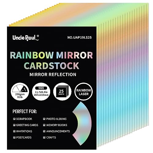 A4 Rainbow Mirror Cardstock Paper, 25 Sheets 250gsm/92Ib Metallic Reflektierendes Papier zum Basteln, Farblaser-Karton für Geburtstagsdekoration UAP19LS25 von Uncle Paul