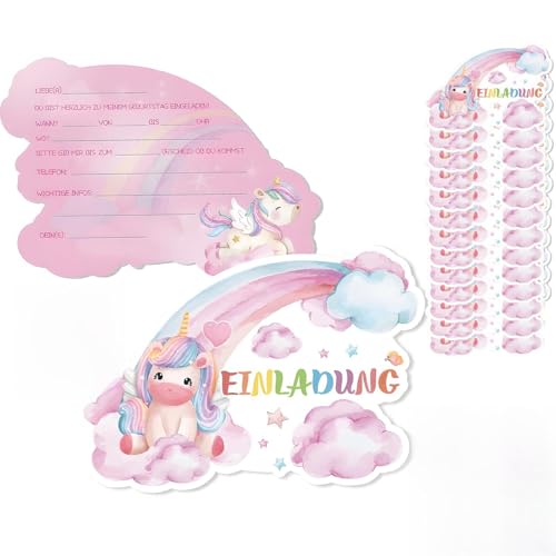 Uncle Yang Einhorn Einladungskarten Set – 12 Stück Einladungen für Kindergeburtstag mit Umschlägen, Bunte Postkarten im DIN-Format für Mädchenparty, Einschulung, Kinderfest von Uncle Yang