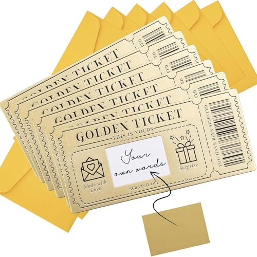 Uncle Yang Goldenes Ticket Rubbelkarten Set – 6 Stück DIY Gutschein Karten mit Umschlägen und Rubbeletiketten, Einzigartige Einladungskarten für Geburtstag, Valentinstag, Party, Dankeskarte Uncle Yang Goldenes Ticket Rubbelkarten Set – 6 Stück DIY Gutschein Karten mit Umschlägen und Rubbeletiketten, Einzigartige Einladungskarten für Geburtstag, Valentinstag, Party, Dankeskarte von Uncle Yang