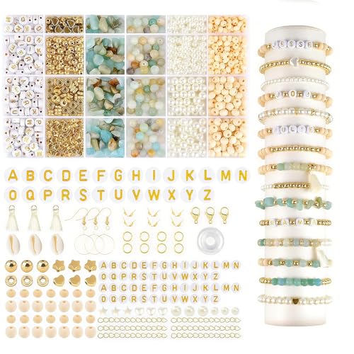 Uncle Yang Schmuck Bastelset mit Natursteinen – DIY Perlen Set mit Amazonit & Buchstabenperlen, 25 Fächer, Schmuckherstellung für Armbänder Halsketten, Geschenk für Kinder & Erwachsene von Uncle Yang