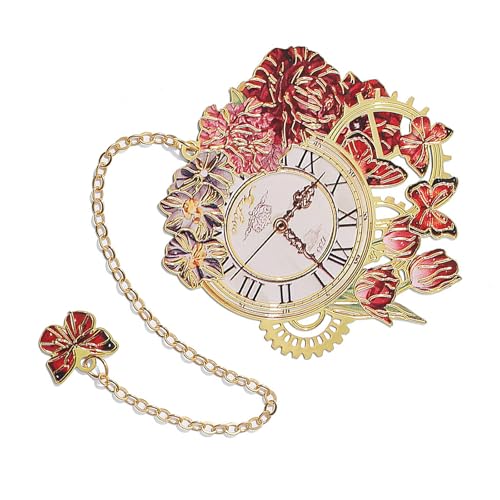 Metall-Lesezeichen Blume & Uhr, Lesezeichen, Retro-Lesezeichen mit Anhänger, Kette, Lesezeichen, Lesezeichen zum Lesen von UncleS