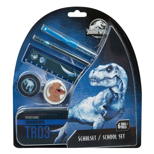 Undercover 6600006458 - Jurassic World Schulset - Jurassic World School kit von Unterdeck, Das Set enthält Metallasche, Radiergummi, Bleistiftspitzer und Gelschreiber von Undercover