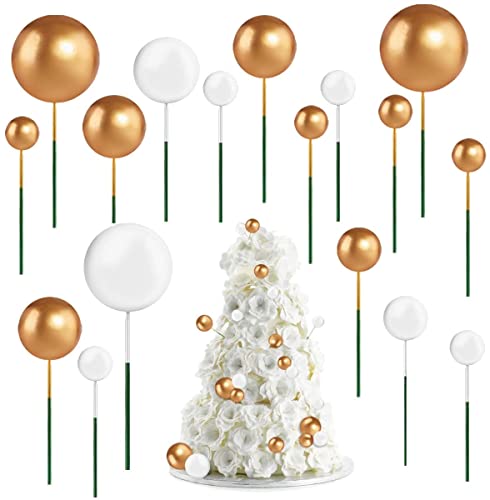 Unfuntly 66 Stück Cake Topper Hochzeit, Mini Cupcake Schaumball Topper, DIY Kuchen Topper für Hochzeits Geburtstags Party (Weiß Gold) von Unfuntly