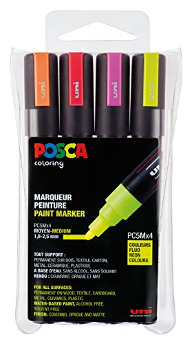 POSCA 182505 - POSCA Marker mit mittelfeiner Rundspitze, 4er Set, neon, Neonrot, Rosa, Orange, Neongelb von uni-ball
