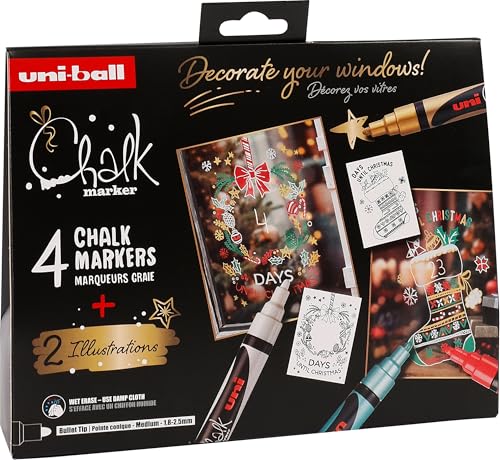 Uni-Ball 186279 - Kreidemarker Set Xmas trad, 4 Marker mit 2 Schablonen, UNI CHALK MARKER, Kreidestifte für Fenster Uni-Ball 186279 - Kreidemarker Set Xmas trad, 4 Marker mit 2 Schablonen, UNI CHALK MARKER, Kreidestifte für Fenster von Uni-Ball