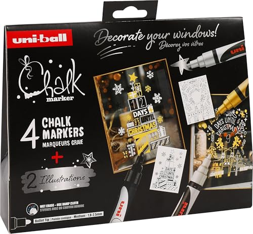 Uni-Ball 186280 - Kreidemarker Set Xmas skand, 4 Marker mit 2 Schablonen, UNI CHALK MARKER, Kreidestifte für Fenster Uni-Ball 186280 - Kreidemarker Set Xmas skand, 4 Marker mit 2 Schablonen, UNI CHALK MARKER, Kreidestifte für Fenster von uni-ball