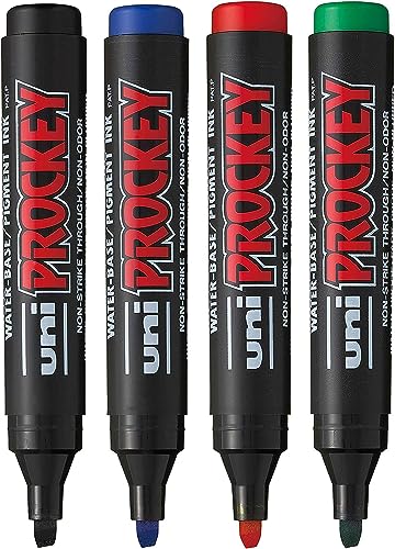 Uni-Ball Flipchartmarker PROCKEY, Keilspitze, 4er-Set (Schwarz, Blau, Rot, Grün), Meißeltip, Permanent, für verschiedene Anwendungen und Oberflächen, Industriell, Markierstift von Uni-Ball