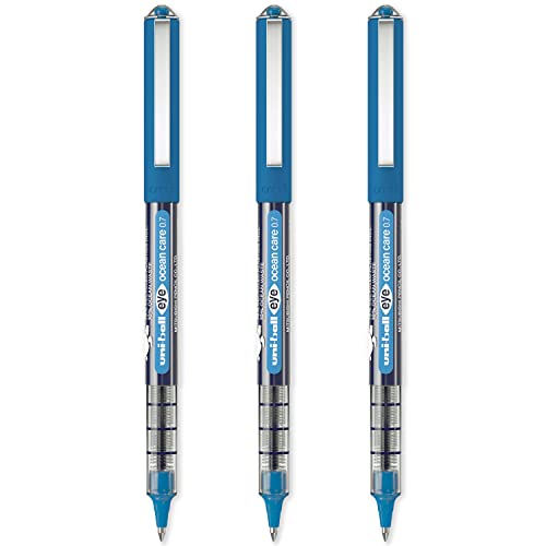 uni-ball Eye Ocean Care UB-157ROP Tintenroller, feine 0,7 mm Kugelschreiber, zum Schreiben, Zeichnen, Kunst, Handwerk und Ausmalen, licht- und wasserabweisend, 3 Stück, blaue Tinte von Uni-Ball