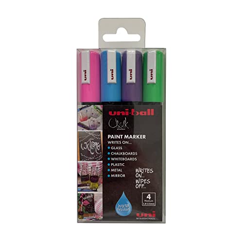 uni-ball PWE-5M Flüssigkreidestifte, abwischbare Mehrzweck-Marker für Tafeln, Kreidetafeln, Whiteboards, Glas, Spiegel, Kunststoff, Fenster, Metall, sicher für Kinder, Rundspitze, 4 Stück uni-ball PWE-5M Flüssigkreidestifte, abwischbare Mehrzweck-Marker für Tafeln, Kreidetafeln, Whiteboards, Glas, Spiegel, Kunststoff, Fenster, Metall, sicher für Kinder, Rundspitze, 4 Stück von Uni-Ball