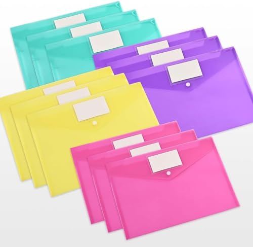 Uni-Fine 12 Stücke Dokumententasche A4, 4 Farben Datei Taschen mit Druckknopf für Dokumente Organisieren, Sichttasche Durchsichti Kunststoff, Bürodokument, Kosmetika, Schreibwaren und von Uni-Fine Shop