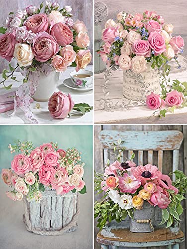 UniBaby7 4 Stück 5D Diamond Painting Set, DIY Cross Stitch Stickerei Malerei Kits, Diamant Malerei Malen Nach Zahlen Full Drill Kristall Set, Stickerei Kunsthandwerk House Wall Dekoration (Flowers) von UniBaby7