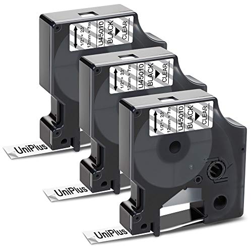 3x UniPlus Kompatibel Schriftband Ersatz für D1 45010 S0720500 12mm Schwarz auf Transparent für LabelManager 160 210D 360D 280 420P Labelpoint 250 Labelwriter 450 Duo Turbo COLORPOP von UniPlus
