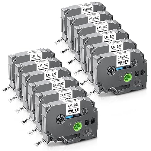 12x UniPlus Kompatibel Tze 0,47 Laminiertes Klebeband für Brother Tze-231 Tze231 TZ231 Tze-231s Beschriftungsband für Brother Beschriftungsgerät H105 H107B E100 P300BT H100R H110 D210 D400VP H200 von UniPlus