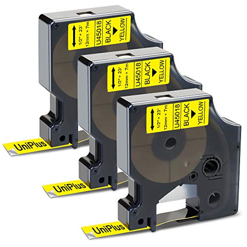 UniPlus 3 Pack Kompatibles D1 12mm Etikettenband für D1 45018 S0720580 für LabelManager 160 200 210D 280 360D 420P 500TS PnP LabelWriter 400 450 Duo LabelPoint 250 12 mm x 7m Schwarz auf Gelb von UniPlus