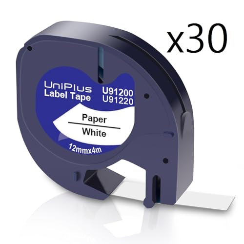 UniPlus 30 x Kompatibel für 91220 Etikettenband Ersatz für 91220 91200 S0721520 12 mm x 4 m Schwarz auf Weiß Papier Klebeband für LT-100H LT100H LT-100T XR QX50 Etikettendrucker von UniPlus