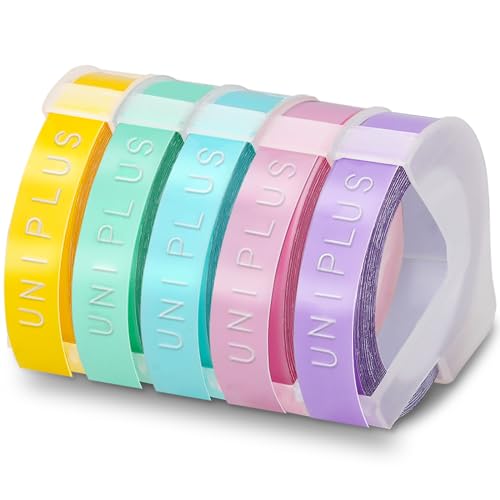 UniPlus 5 Rollen 3D Etikettenband Ersatz für Dymo Prägeband 9 mm x 3 m für Dymo Omega Home Junior Organizer Xpress Pro Office-Mate II Motex E-101 E-303 Hellgelb Hellblau Hellgrün Hellrosa Hellviolett von UniPlus