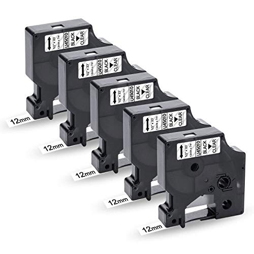 UniPlus 5x Kompatibel Etikettenband als Ersatz für D1 45010 Schriftbänder S0720500 Schwarz auf Transparent 12mm x 7m für LabelManager 160 280 360D 500TS 110 120P LabelWriter 450, 5er-Pack von UniPlus