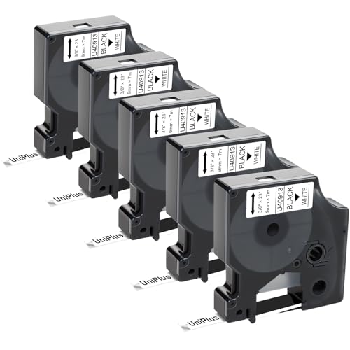 UniPlus 5x Kompatibel Etikettenband als Ersatz für Dymo D1 40913 S0720680 für Dymo LabelManager 160 210D 280 PnP 360D 210D LabelWriter 450 DUO Turbo LabelPoint 100 150 250, 9mm x 7m, Schwarz auf Weiß von UniPlus