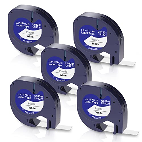 UniPlus 5x Kompatible Dymo Etikettenband Ersatz für Dymo Letratag 12mm x 4m Etikettenbandals 91221/S0721660 Schwarz Plastic Letratag xr Bänder für Dymo LT-100h LT-110T LT-100T XR QX50 Etikettendrucker von UniPlus