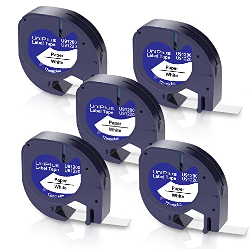 UniPlus 5 x kompatibles Dymo Letratag Etikettenband Ersatz für lt 91200 91220 S0721520 12 mm x 4 m Schwarz auf weißem Papier Klebeband für Dymo LetraTag LT-100H LT100H LT-100T XR QX50 Etikettendrucker von UniPlus