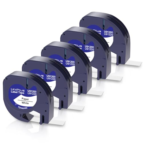 UniPlus 5 x kompatibles Dymo Letratag Etikettenband Ersatz für lt 91200 91220 S0721520 12 mm x 4 m Schwarz auf weißem Papier Klebeband für Dymo LetraTag LT-100H LT100H LT-100T XR QX50 Etikettendrucker von UniPlus