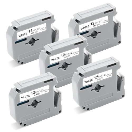 UniPlus 5x Kompatibel Schriftband Ersatz für Brother M-K231 MK231 12mm Nicht Laminiert Bänder für Brother PT-65 PT-80 PT-55 PT-85 PT-90 PT-M95 PT-60 PT-100 PT-110 PT-BB4, 12mm x 8m, Schwarz auf Weiß von UniPlus