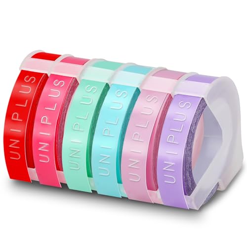 6x UniPlus 3D Etikettenband Ersatz für Dymo Prägeband für Omega Home Junior Organizer Xpress Pro Office-Mate II Motex E-101 E-303 Prägegerät Rosa Rot Helllila Hellblau Hellgrün Hellrosa 9mm x 3m von UniPlus