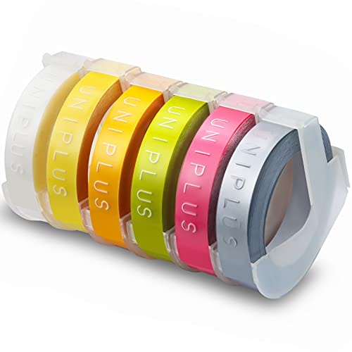 6x UniPlus 3D Prägeband Ersatz für Dymo Omega Etikettenband für Dymo Omega Home Junior Organizer Xpress Pro Office-Mate II Motex E-101 E-303, Pink/Olivgrün/Gelb/Hellgelb/Transparent/Silber, 9mm x 3m von UniPlus