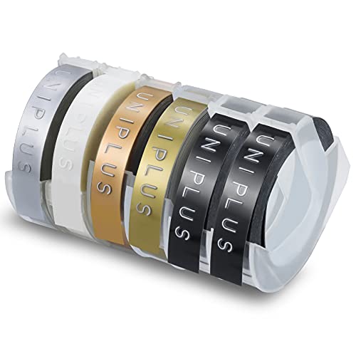 UniPlus Etikettenband Kompatibel mit Dymo Omega Prägeband als Ersatz für Dymo 9mm 3D Prägeetiketten Junior S0717930 für Motex E-101 E-103 Weiß auf Schwarz Gold Champagner Gold Silber Transparent von UniPlus