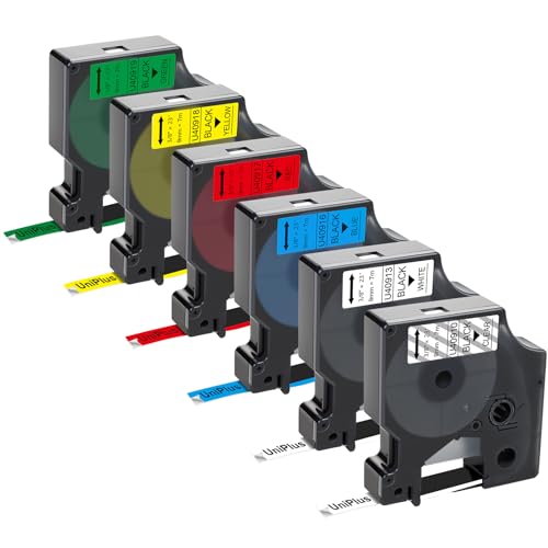 UniPlus 6x Kompatibel D1 9mm Schriftband als Ersatz für D1 45913 45910 45916 45917 45918 45919 für Dymo Labelmanager 160 280 210D 360D 420P 500TS Labelpoint 250 150 LabelWriter 450 DUO, 9mm x 7m von UniPlus