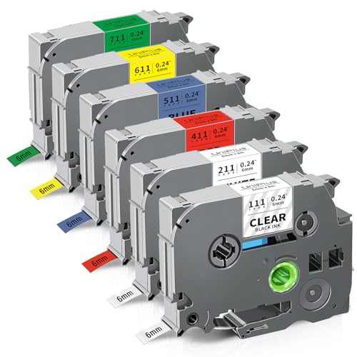 UniPlus 6x Kompatibel Tze 6mm 0,24 Etikettenband als Ersatz für Brother TZe-211 TZe-111 TZe-411 TZe-511 TZe-611 TZe-711 für P-Touch PT-H105 PT-H110 PT-H200 PT-H107B PT-D410 PTH100R PT-P710BT von UniPlus