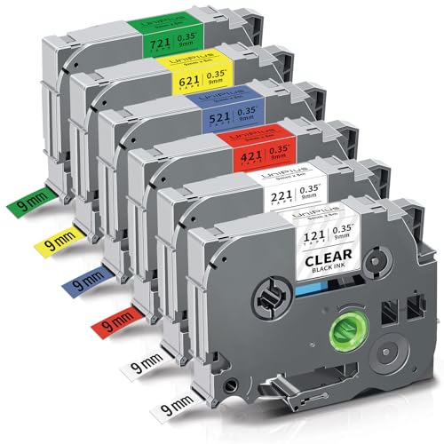 UniPlus 6x Kompatibel für Brother P-touch Bänder TZe221 TZe121 TZe421 TZe521 TZe621 TZe721 Selbstklebendes Etikettenband für PT-H105 PT-H107 PT-1000 PT-D400 PT-1010 PT-D600 PT-H100L PT-H100r, 9mm x 8m von UniPlus