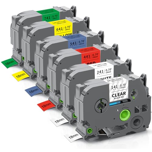UniPlus 6x Kompatible für Brother Tze 18mm Selbstklebendes Etikettenband TZe-241 TZe-141 TZe-441 TZe-541 TZe-641 TZe-741 für P-Touch PT-D400 PT-D450 PT-D600 PT-P700 PT-E300VP PT-E500VP PT-P950NW von UniPlus