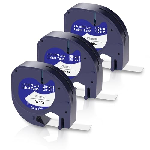 UniPlus 3x Kompatibel für 91221 Etikettenband 91221 S0721660 91201 12mm x 4m für xr Schriftband Plastik für LT110T LT100H QX50 XR 200B Etikettendrucker Kunststoff Schwarz auf Weiß von UniPlus
