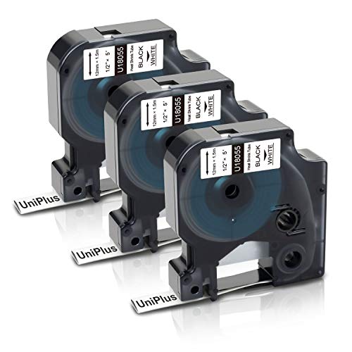 UniPlus Kompatibel Rhino 18055 S0718300 Schrumpfschlauch-Kabeletiketten für 5200 4200 5000 1000 3000 6000 (12mm x 1.5m, Schwarz auf Weiß, 3er Pack) von UniPlus
