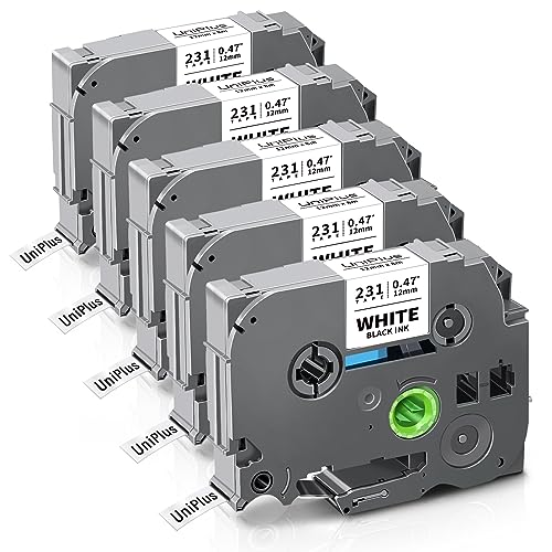 UniPlus 5x kompatibel für Brother P-Touch Bänder Ersatz für tze-231 TZc-231 TZe231 tz Tape 12mm 0,47 weiß für Brother Beschriftungsgerät PT-H105 H100LB H108 PT-1000 PT-H101C PT-H100R PT-H110 PT-H107B von UniPlus