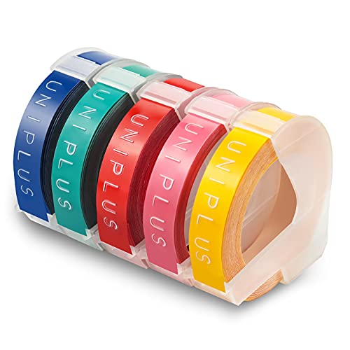 UniPlus Kompatibel Prägeband für Dymo 3D Prägeetiketten, 3D Langlebige Kunststoff Vinyl-Prägeetiketten für Dymo Junior Omega Motex E101 E303 Prägegerät, Gelb, Rosa, Rot, Seegrün, Dunkelblau, 9mm x 3m von UniPlus